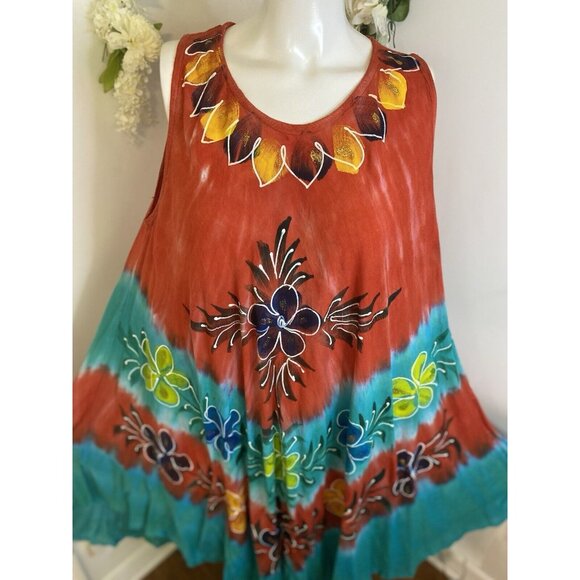 Vtg Seven Islands Boho Tie Dye Cultural Flowy Dress Sleeveless Flowers One‎ Size - Picture 3 of 16